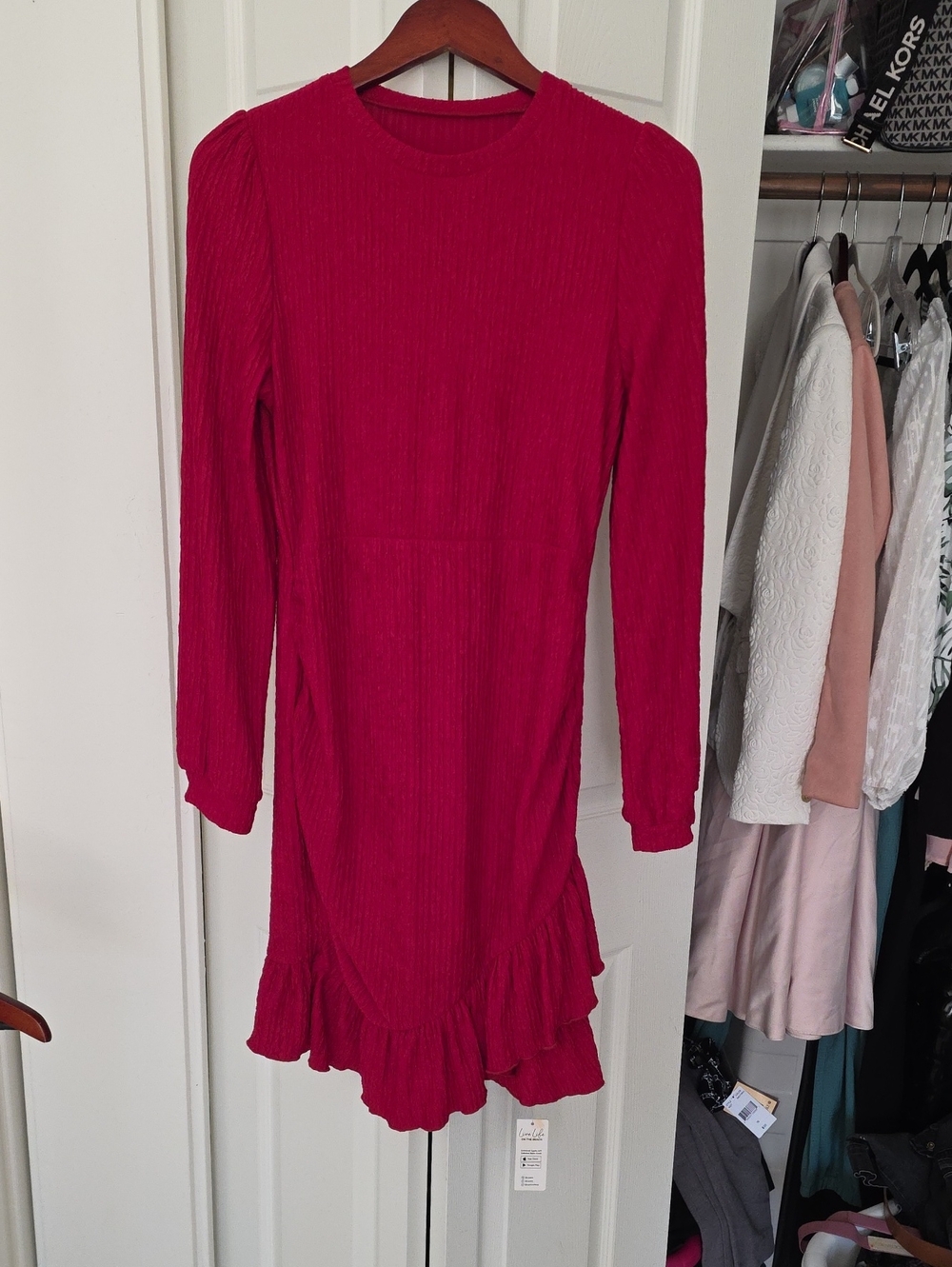 Cupshe Long Sleeve Ribbed Ruffle Hem Dress - Bright Pink